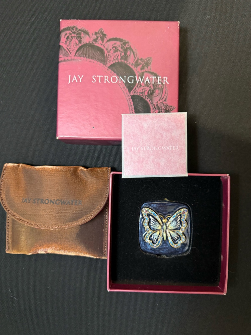 Jay Strongwater Navy Enamel Compact Mirror with Crystal Butterfly